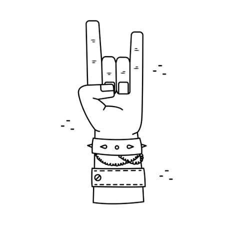 Vector illustration of hand gestures - rock on, heavy metal sign. Outline man hand.のイラスト素材