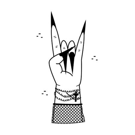 Vector illustration of hand gestures - rock on, heavy metal sign. Outline woman hand.のイラスト素材