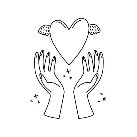 Vector illustration of a woman holding a heart under her hands. Hand gestures. Outline illustration.のイラスト素材