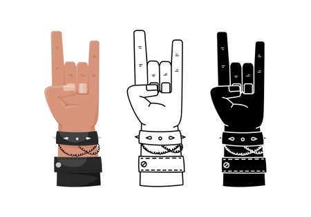 Vector set with three illustrations of hand gestures - rock on, heavy metal sign. Flat style man handのイラスト素材