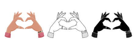 Vector set with illustrations of a hand gesture - heart, love gesture. Simple style, outline and flat style woman hands.のイラスト素材