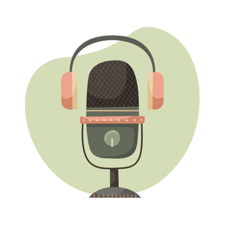 Vector illustration of a microphone for a podcast with headphones. Blogging. A modern profession. Flat style illustrationのイラスト素材