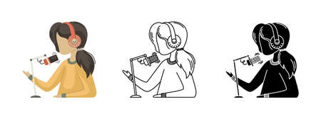 Vector set with illustrations of a girl recording a podcast in a home studio. The blog. A modern...