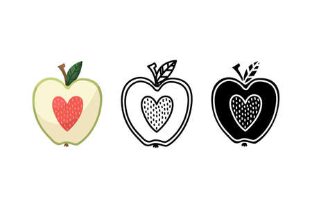 Vector illustration of an apple with a heart instead of a core for Valentine's Day. Outline, flat and simple styleのイラスト素材
