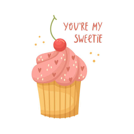 Vector illustration of muffins with cream with decoration for Valentine's day. Flat styleのイラスト素材