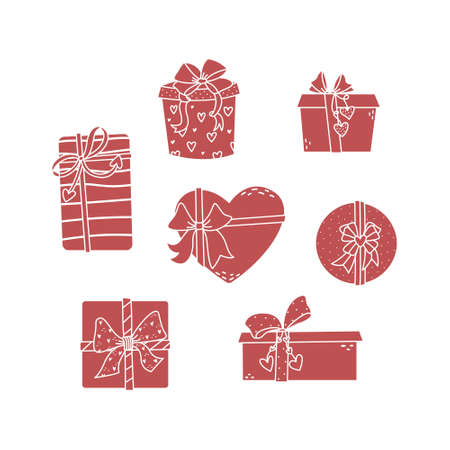 Set of vector illustrations of gift boxes with bows. Illustrations for Valentine's Day in simple style.のイラスト素材