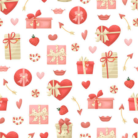 Vector seamless pattern with gift boxes, hearts and lips. Valentine's day background in flat style.のイラスト素材