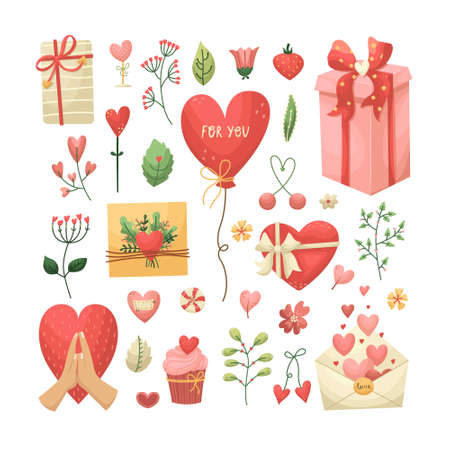 Vector set for Valentine's Day with flowers, plants, gifts in the flat style.のイラスト素材