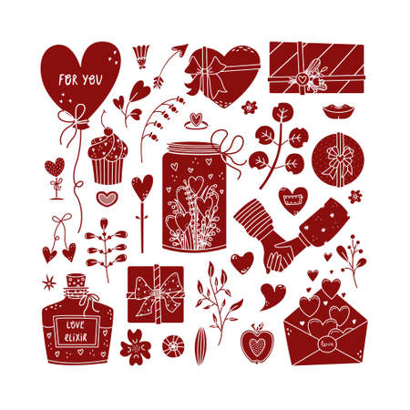 Vector set for Valentine's Day with flowers, plants, gifts in the simple style.のイラスト素材