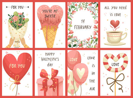 Vector set of Valentines day greeting cards. Flat styleのイラスト素材