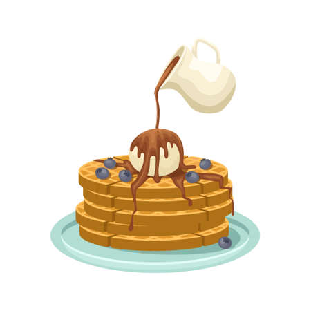 Vector illustration of a stack of Belgian waffles with a ball of ice cream, blueberries. The waffle is poured with chocolate sauce from a saucepan.のイラスト素材