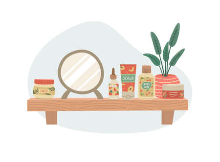 Vector illustration of a shelf with cosmetics for face and body care. home cosmetic care.のイラスト素材