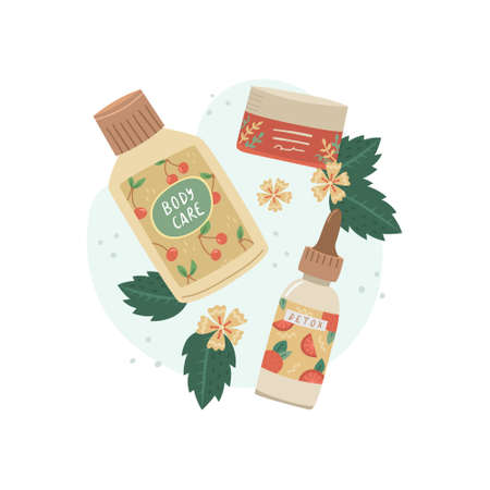 Vector illustration of facial and body care serum with botanical decor. beauty industryのイラスト素材