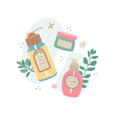 Vector illustration of cosmetic products for face care with botanical decor. beauty industryのイラスト素材
