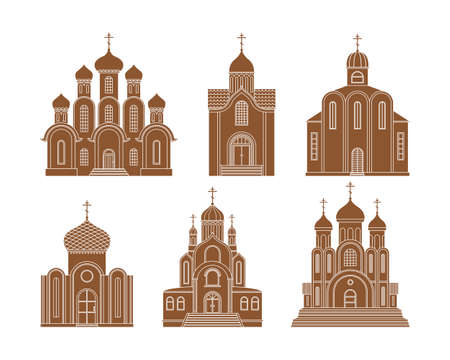 Vector set with illustrations of the Orthodox Christian Church. A religious building. simple styleのイラスト素材