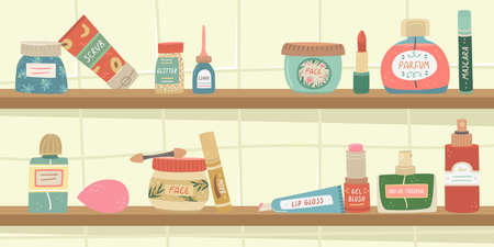 Vector illustration with shelves with decorative cosmetics and skin care products.のイラスト素材