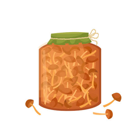Vector illustration of a jar of pickled mushrooms. Preparations for the winter.のイラスト素材