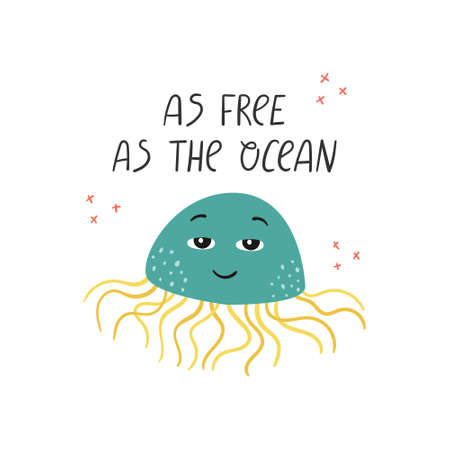 Vector illustration of a jellyfish in cartoon style with hand drawn lettering.のイラスト素材