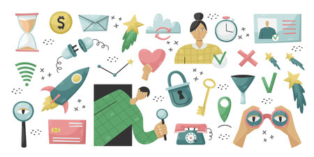 Vector set of illustrations on the Internet. Search, authorization, Wi-Fi, connection.のイラスト素材