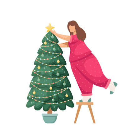 Vector illustration of a girl hanging a Christmas ball on a Christmas tree. new year. holidaysのイラスト素材
