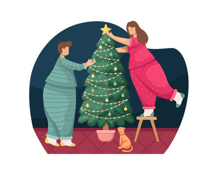 Vector illustration of a woman and a man decorating a Christmas tree with Christmas balls.のイラスト素材