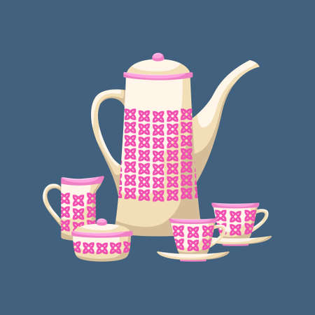 Vector illustration of a retro tea set. A teapot, a sugar bowl, a milk jug and two tea pairs.のイラスト素材