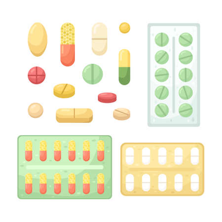 Vector set of illustrations of tablets, capsules and packages with tablets.のイラスト素材