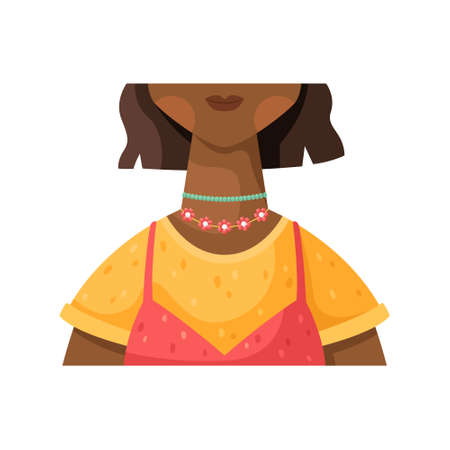 Vector illustration of an African-American girl in fashionable clothes and a beaded necklace. The style of the 90s.のイラスト素材