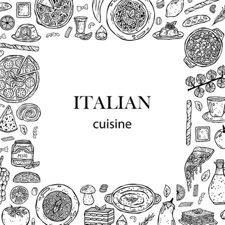 Vector template hand-drawn illustrations of Italian cuisine.のイラスト素材