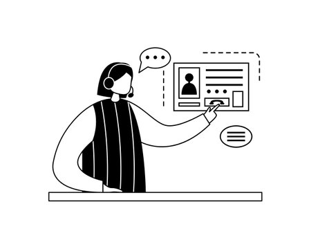 Vector illustration of a girl working in a call center wearing headphones with a microphone. outlineのイラスト素材