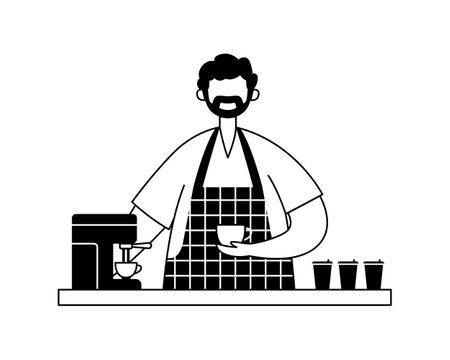 Vector illustration of a male barista with a cup of coffee at the bar. outlineのイラスト素材