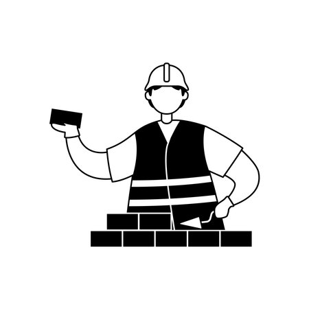 Vector illustration of a male builder in a helmet laying a brick. outlineのイラスト素材