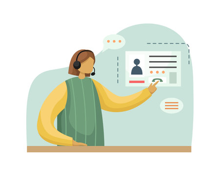 Vector illustration of a girl working in a call center wearing headphones with a microphone. flat styleのイラスト素材