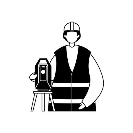 Vector illustration of a surveyor in uniform with a theodolite on a tripod. Professions. outlineのイラスト素材