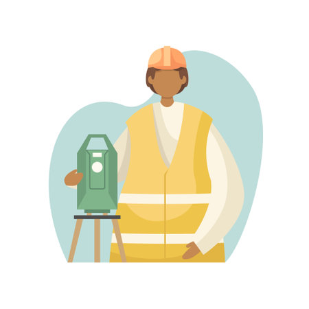 Vector illustration of a surveyor in uniform with a theodolite on a tripod. Professions.のイラスト素材
