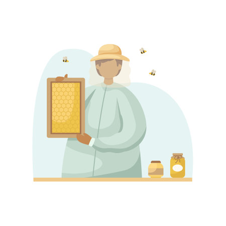 Vector illustration of a beekeeper with a honeycomb in his hands. profession. flat styleのイラスト素材