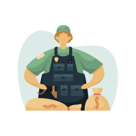 Vector illustration of a collector in a bulletproof vest with bags of money. profession. flat styleのイラスト素材