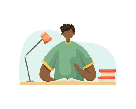 Vector illustration of a student doing homework at a table with books. profession. flat styleのイラスト素材
