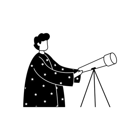 Vector illustration of an astronomer in a mantle with a telescope. profession. outlineのイラスト素材