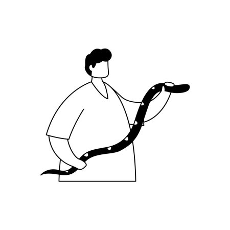 Vector illustration of a serpentologist with a snake in his hands. profession. outlineのイラスト素材