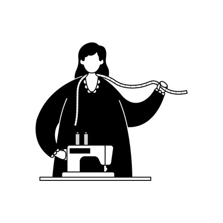 Vector illustration of a seamstress with a sewing machine and measuring tape. profession. line artのイラスト素材
