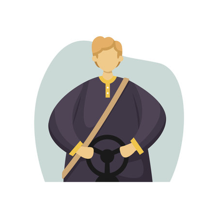Vector illustration of a driver wearing a seat belt and hands on the steering wheel. profession. flat styleのイラスト素材