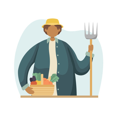 Vector illustration of a farmer with a pitchfork in his hand and a basket of vegetables. profession. flat styleのイラスト素材