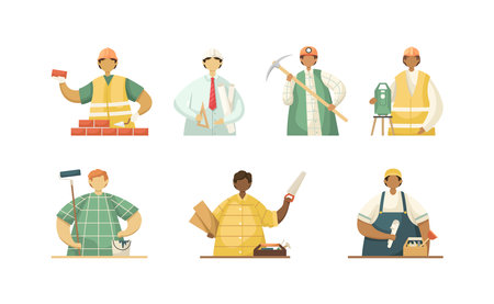 Vector set of illustrations of professional workers in the engineering field. flat styleのイラスト素材