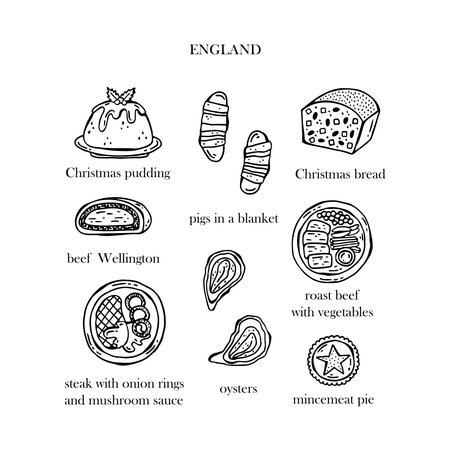 Vector set of illustrations of the Christmas dishes of England. hand-drawn illustration.のイラスト素材