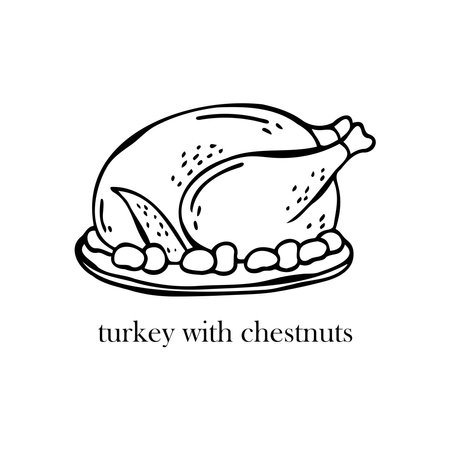 Vector illustration of a French dish - turkey with chestnuts. Dishes for Christmas and New Year.のイラスト素材