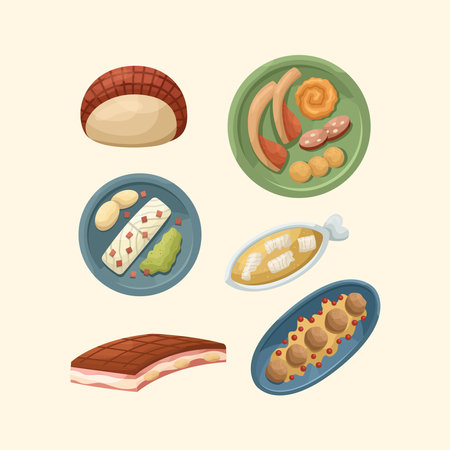 Vector set of illustrations of Scandinavian dishes. Kitchen for New Year and Christmas. flat style.のイラスト素材