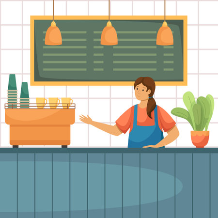 Vector image of a bar with a coffee machine, paper cups, cups and a flower in a pot. Chalkboard with a menu on the wall. A barista girl in an apron at the bar.のイラスト素材