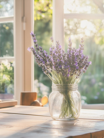 Lavender in a glass vase on a wooden table near the window in a cozy sunny room. House plants.の素材