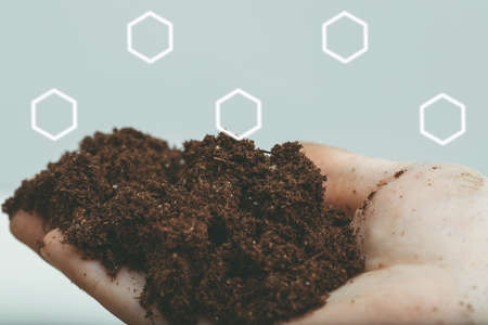 soil close up, chemical composition of fertile soil for indoor plants, agriculture, mockup, copy spaceの写真素材